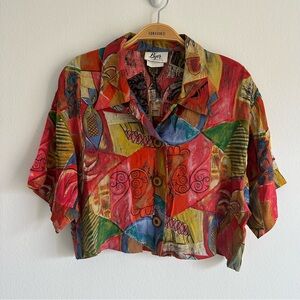 Vintage 90s Byer Top Blouse Button Up European Style Collage Red Shirt Italy